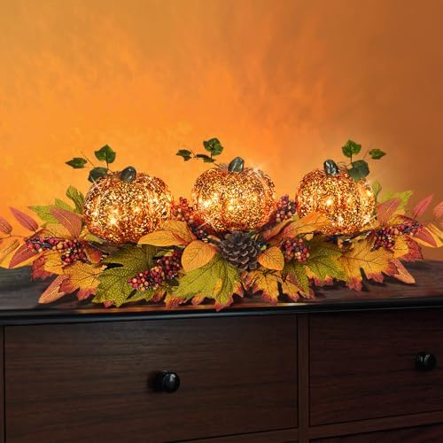 Fall Centerpieces for Table, Lighted LED Sparkle Pumpkins Battery Operated with Timer for Thanksgiving Autumn Harvest Dining Table Decorations 28’’ L