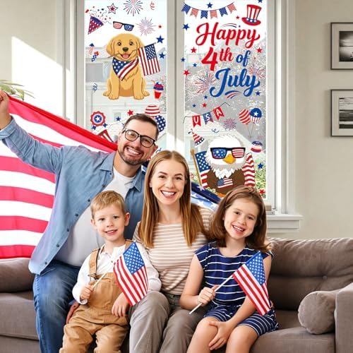 COCHIE Happy 4th of July Window Clings 6 Sheets, Red Blue White Owl Window Decals Stickers for Office Home Classroom Party Decorations, Patriotic Fourth of July Animals Windows Cling (Patriotic)
