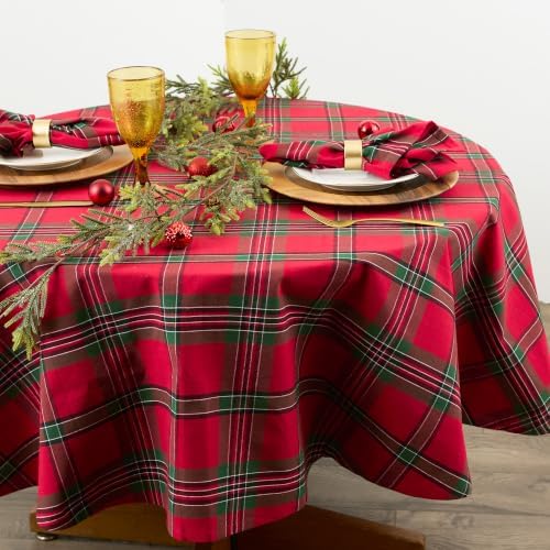 DII Farmhouse Christmas Plaid Dining Table & Kitchen Décor, Holiday Tablecloth, 70" Round, Red & Green