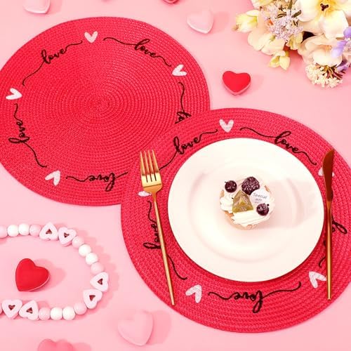 Tioncy Plastic Valentine Heart Placemats Set of 6 Round Red Love Place Mats 13.4 Inch Valentine's Day Washable Table Mats Kitchen Dinner Waterproof Placemat for Holiday Dining Table Wedding Decoration