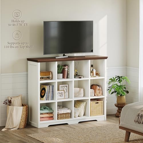 OffiGo 12 Cube Organizer Bookcase, Cube Shelf with Storage, Walnut + White