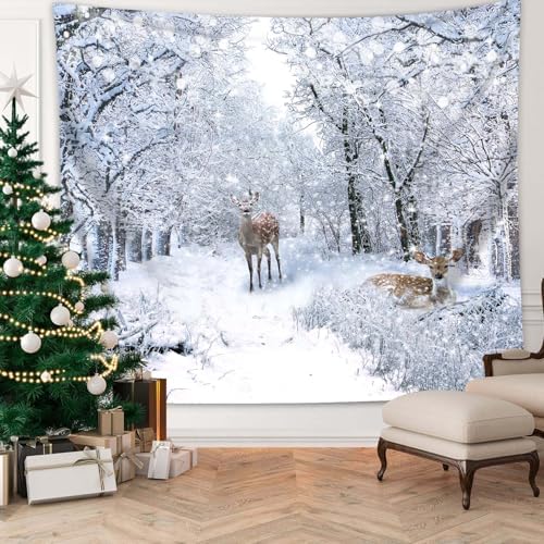 QGHOT Winter Tapestry Wall Hanging, Snow Scene Backdrop Winter Wonderland Wall Decor Snowy Forest Wall Art Nature Woodland Deer Tapestry for Bedroom Room Dorm Party Decoration, Large