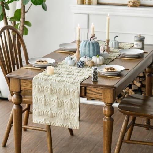Artoid Mode Beige Soft Faux Fur Pumpkins Fall Table Runner 13x36 Inch