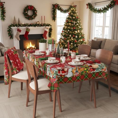 Christmas Tablecloth 60x60 Inch, Santa Claus & Snowman Water Resistant Square Table Cover, Farmhouse Winter Holiday Table Decor for Xmas Dinner Party Kitchen Home