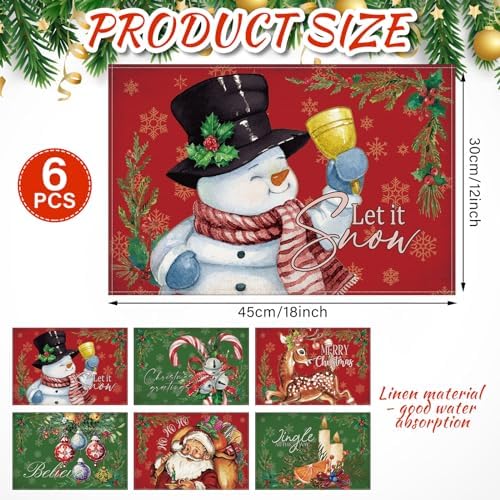 Hushee 6 Pcs Christmas Placemats Retro Santa Snowman 12x18 Inch