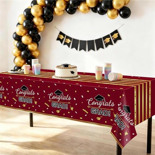Childom 3 Pack Graduation Tablecloth,Graduation Decorations 2026 Graduation Party Decorations,54"x108"Wine Red and Gold Graduation Decorations,Disposable Plastic Table Cloth Rectangle for Grad Party
