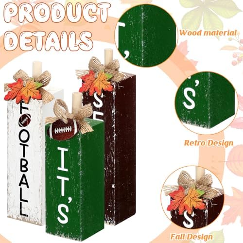 Redbaker 3 Pcs Football Fall Decor, Football Wooden Centerpieces for Table