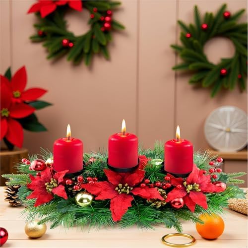 YULETIME 28" Christmas Triple Candelabrum, Poinsettia, Baubles, Red Berries