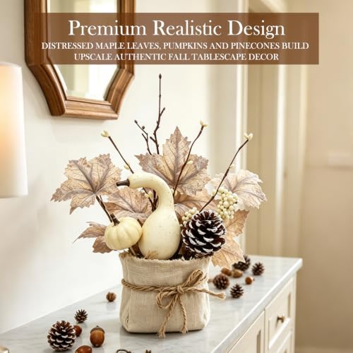 [Light & Timer] Fall Decor 2 Pack Fall Table Centerpieces with 20 LED Tabletop Maple Tree Pumpkin Pinecone Berry Branch Arrangement, Fall Decorations for Home Kitchen Halloween Thanksgiving