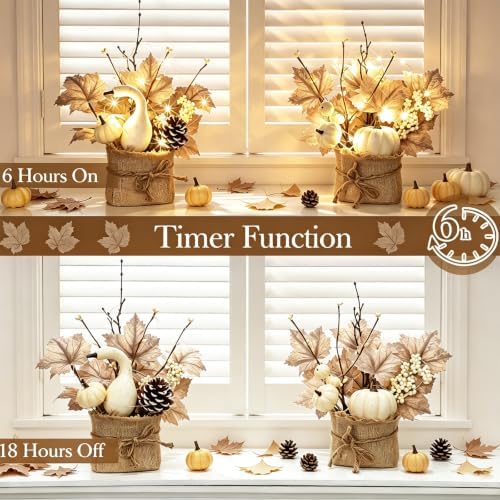 [Light & Timer] Fall Decor 2 Pack Fall Table Centerpieces with 20 LED Tabletop Maple Tree Pumpkin Pinecone Berry Branch Arrangement, Fall Decorations for Home Kitchen Halloween Thanksgiving