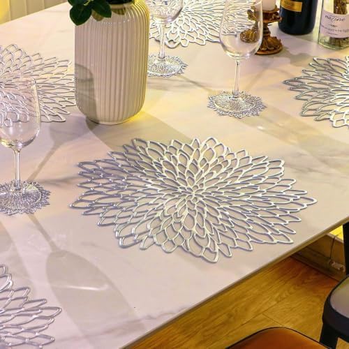 Snowkingdom 4 Pack Silver Placemats Metallic Glitter Pressed Vinyl Dinning Table Mats Decorative Round Leaf Charger for Winter Holiday Thanksgiving Christmas