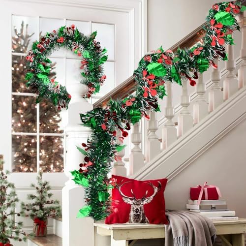 KINGLAKE Christmas Red and Green Tinsel Garland 33 Ft