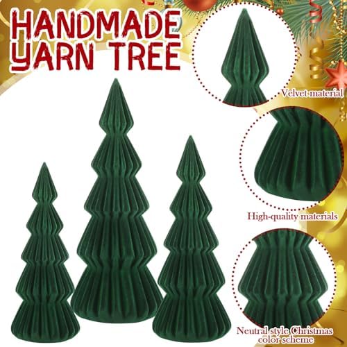 Set of 3 Velvet Ceramic Christmas Tree Decor, Dark Green