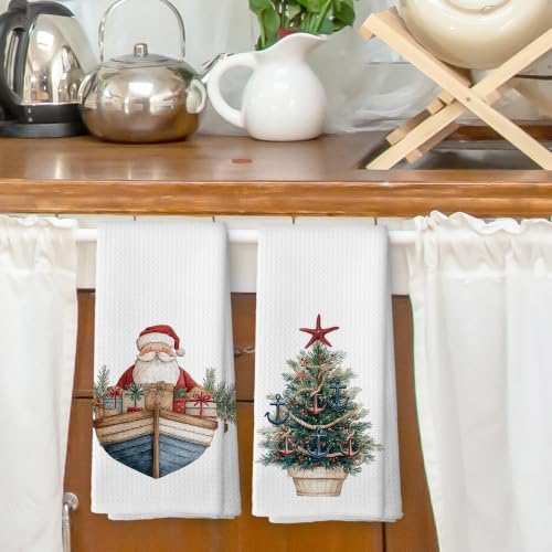 Nautical Christmas Tree Santa Kitchen Dish Towels 16x24, Set of 2