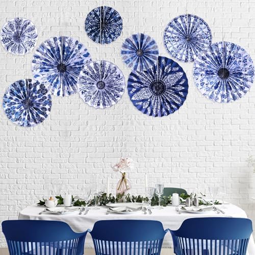 Dispowreath 9 Pcs Chinoiserie Paper Fans Blue and White Hanging Decor