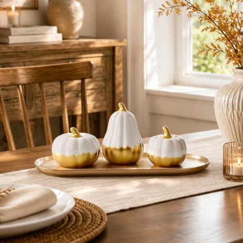 AELS Ceramic Pumpkins Fall Decor Set of 3, White Gold Tabletop Decorations