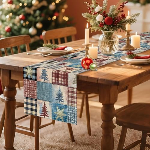 RABUSOFA Christmas Trees Table Runner 13 x 72 Inch, Waterclor Buffalo Plaid Seasonal Winter Holiday Xmas Winter Kitchen Dining Table Merry Christmas Decoration for Indoor Outdoor Home Party Decor