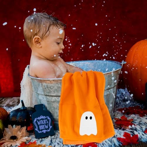 JarThenaAMCS 2 Pack Halloween Hand Towels Embroidered Orange Ghost Cotton Dish Towel for Bathroom Hand Drying Kitchen Cleaning Towel Gift Set, 29.5 x 13.7 Inch