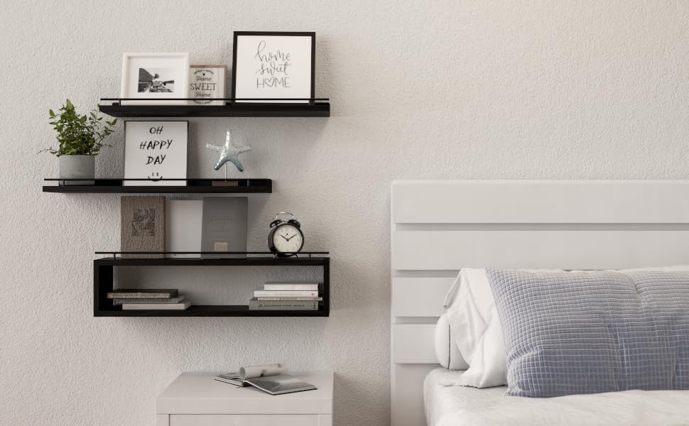Floating Shelves for Wall 24 inch with Cube Shelf, Wall Shelves with Metal Rail for Decor, Bathroom Organizers and