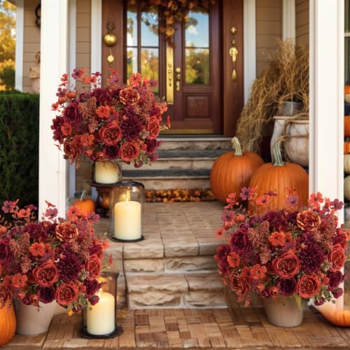 Mixed 8pcs Fall Artificial Peony Hydrangea Bouquet, Coffee Brown Silk Faux Flower, Autumn Faux Floral Arrangements for Wedding Table Thanksgiving Outdoor Planters Porch Patio Garden Yard