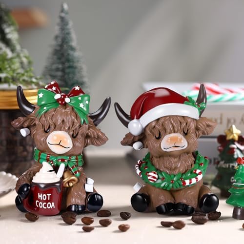 Karenhi 2 Pcs Highland Cow Figurines, Christmas Hot Cocoa Decor