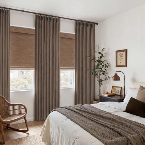Extra Long 108 Inch Dark Brown Floor to Ceiling Curtains for Living Room, Memory Shape Pinch Pleated Thick Linen Modern