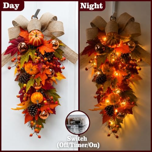 24" Pre-Lit Fall Teardrop Swag with 15 LED Lights & Timer, Pumpkins, Maple Leaves, Pinecones & Burlap Bow, Battery Operated Autumn Door Swag for Thanksgiving & Halloween Decor
