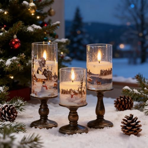 Wondise Chrismtas Snowman Glass Flameless Candles with Remote Timer
