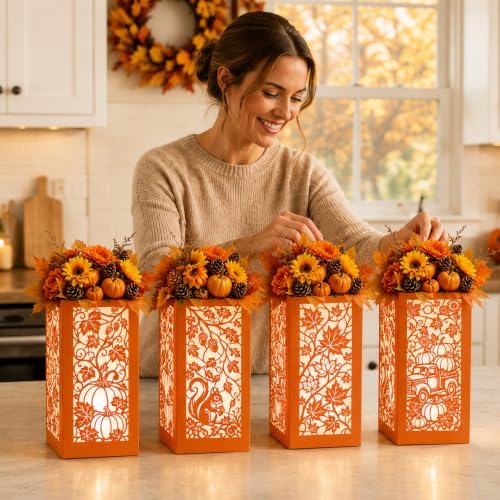 Urlax 8PCS Fall Decorations for Home Thanksgiving Table Centerpiece Box for Floral Arrangements Autumn Harvest Table Decor with Maple Leaves Pumpkin Squirrel Truck Design