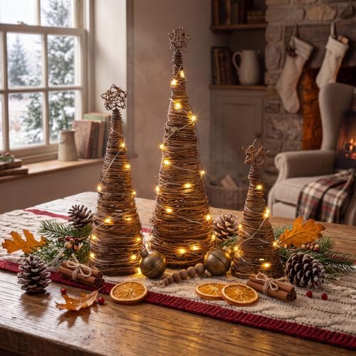 Rattan Woven Christmas Cone Tree Lighted Fireplace Mantle Decor