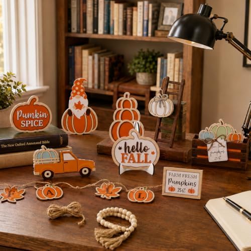Fall Tiered Tray Decor, 18Pcs Wooden Autumn Pumpkin Table Decorations Set
