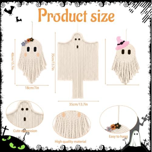 Remagr 3 Pcs Halloween Macrame Bats Wall Decor, Ghost Decor, Classic