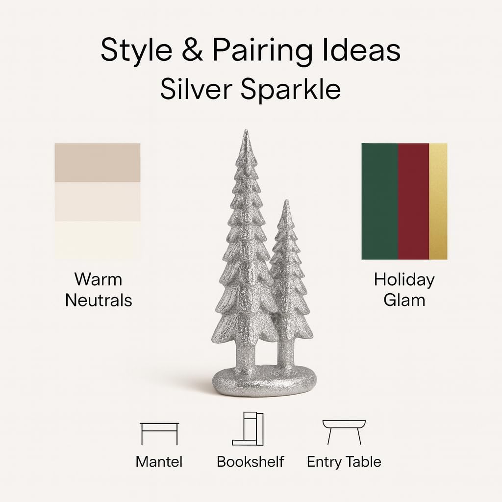 7" Resin Tabletop Figurine Double Glitter Trees on One Base Indoor Christmas Decoration / Silver