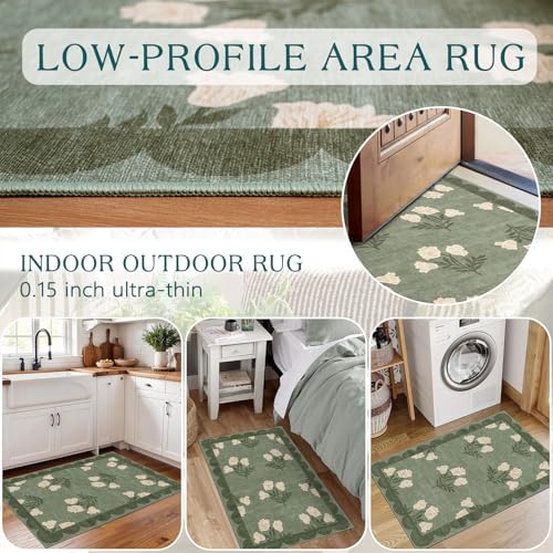 Front Door Mat Outside Entrance - 2x3 Sage Green Floral Entry Rug