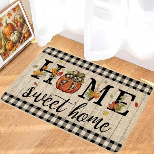 ORTIGIA Fall Pumpkin Doormat Home Sweet Home Indoor Outdoor Patio Autumn Welcome Door Mats Thanksgiving Non-Slip Durable Entrance Mat for Home Entrance Outside Entry Yard Floor Patio 17x29 INCH