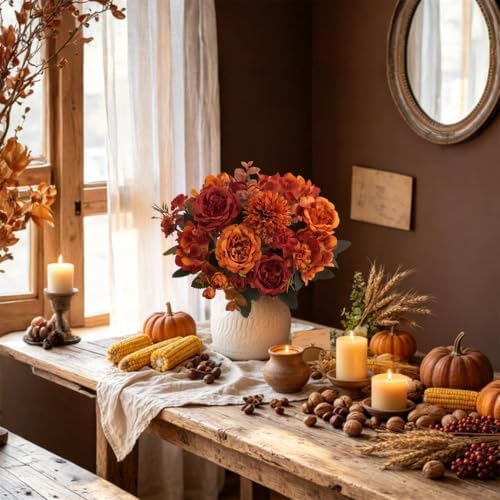 2 Pcs Fall Artificial Peony Hydrangea Bouquet, Burnt Orange Red Silk Faux Flower, Autumn Faux Floral Arrangements for Wedding Table Centerpiece Thanksgiving Halloween Farmhouse Indoor Outdoor Decor