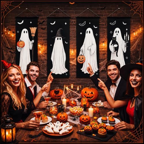 Mixweer 4 Pcs Halloween Ghost Banner Porch Garage Door Hanging Decorations