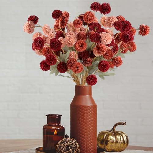 Hananona 12 Pcs Artificial Chrysanthemum Flowers, Orange Kiku Pom Pom Mums Flower Faux Fall Floral for Autumn Halloween Kitchen Table Centerpiece Home Decor (12, Burgundy, Burnt Orange, Deep Peach)