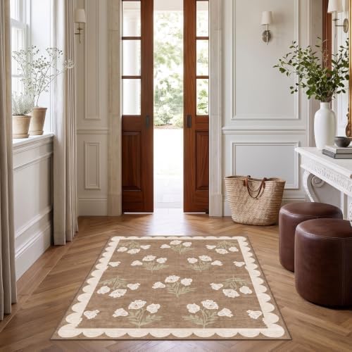 3x4 Floral Entry Rug - Small Washable Indoor Outdoor Mats for Front Door Non-Slip Porch Rug Tan Boho Neutral Farmhouse