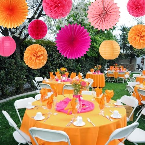 Pink-Orange Fall Party-Decorations Paper-Flowers Lanterns - 20PCS Autumn Wedding Birthday Tissue Pom Poms Streamers Fans Honeycomb, Groovy Boho Baby Shower Rustic Hanging Supplies Decor Burgleda