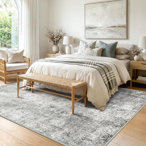 RELEANY Washable 9'x12' Abstract Area Rug for Living Room Gray White
