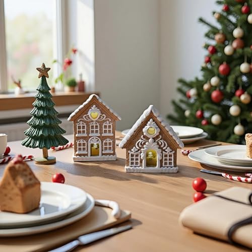 Braxio Indoor Christmas Decorations Gingerbread House Kit 2PCS with LED Light - 3 Inch Miniature Resin Houses for Indoor Home Decor, Family Room Aesthetic