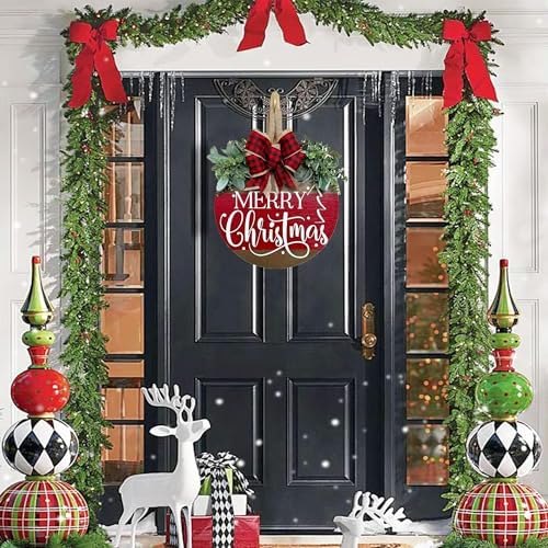 Christmas Wreath, Christmas Wreaths for Front Door, Merry Christmas Front Door Wreath Sign Porch Decorations Hanger