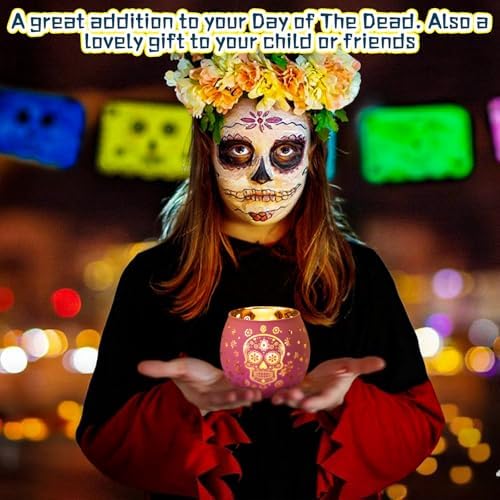 Jingmore 6 Pcs Glass Votive Holders, Sugar Skull, Multicolor