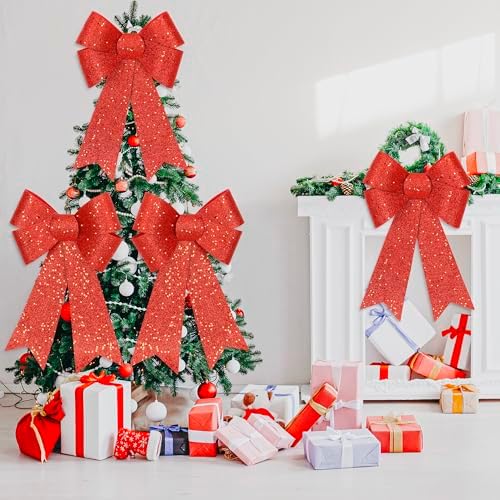 2 PCS Christmas Bows, 12 x 18 IN Christmas Bows Outdoor, Glitter Red Xmas Decorations Velvet PVC Large Christmas Bows Indoor Outdoor Christmas Wreath Bows Hanging Decor for Fence Fireplace Stairs