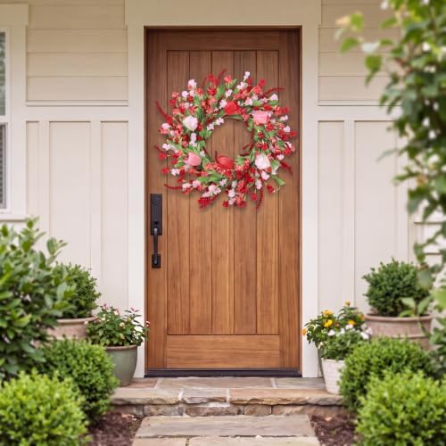 Sggvecsy Spring Summer Wreath for Front Door 22 Inch Artificial Red Flower Wreath with Pink Tulips Greenery Leaves Lavender for All Seasons Home Farmhouse Indoor Outdoor Wall Decor (Red and Pink)