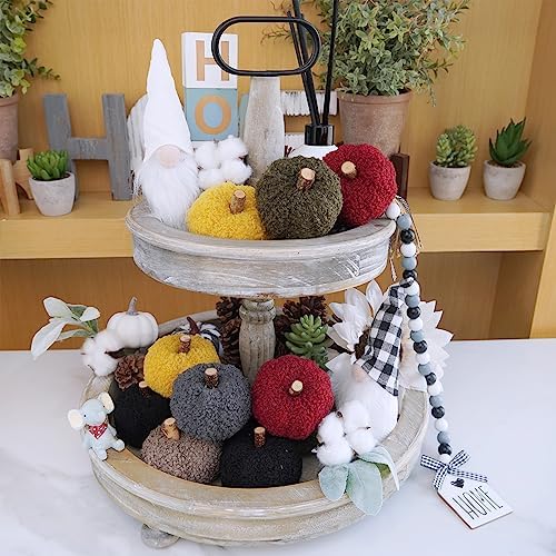 Winlyn 12 Pcs Assorted Small Faux Sherpa Pumpkins Decorative Burgundy Yellow Olive Gray Taupe Black Fabric Foam Pumpkins for Farmhouse Fall Thanksgiving Halloween Table Centerpiece Decor