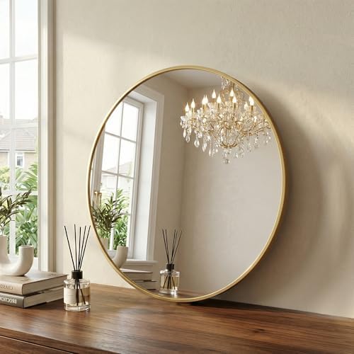 24 Inch Gold Round Bathroom Wall Mirror, Round Mirrors for Wall Decor, Circle Mirror for with HD Shatter-Proof Glass