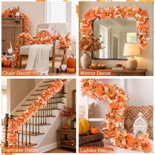 Waipfaru 6 FT Fall Garland for Mantel, Autumn Garland with Pumpkin Ribbon & Berries, Thanksgiving Vine for Table Centerpiece, Fall Party Decor for Fireplace & Modern Farmhouse