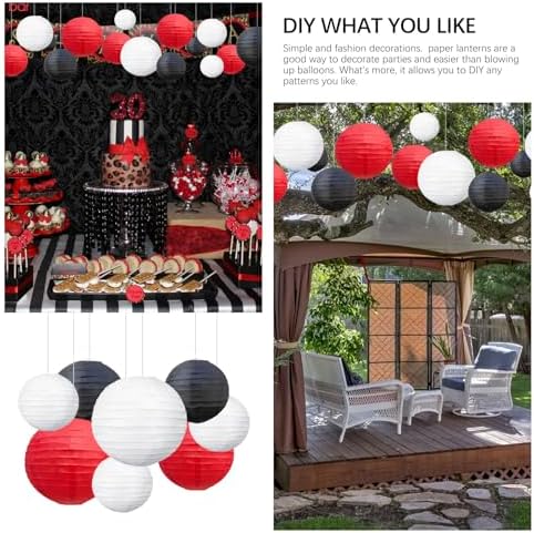 18Pcs Red Black White Paper Lanterns for Parties, 6” 8” 10” 12” Chinese Asian Hanging Round Paper Lanterns for Birthday Wedding Halloween Christmas Home Decor Party Decor